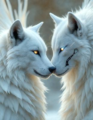 The image features two white wolves with glowing eyes, standing close to each other. They appear to be looking at each other, possibly engaging in a playful interaction. The wolves are the primary subjects of the image, and their close proximity to each other creates a sense of companionship and connection. The setting is a dark environment, which adds a mysterious and dramatic atmosphere to the scene. The visual style of the image is a combination of photo and digital art, creating a unique and captivating representation of the